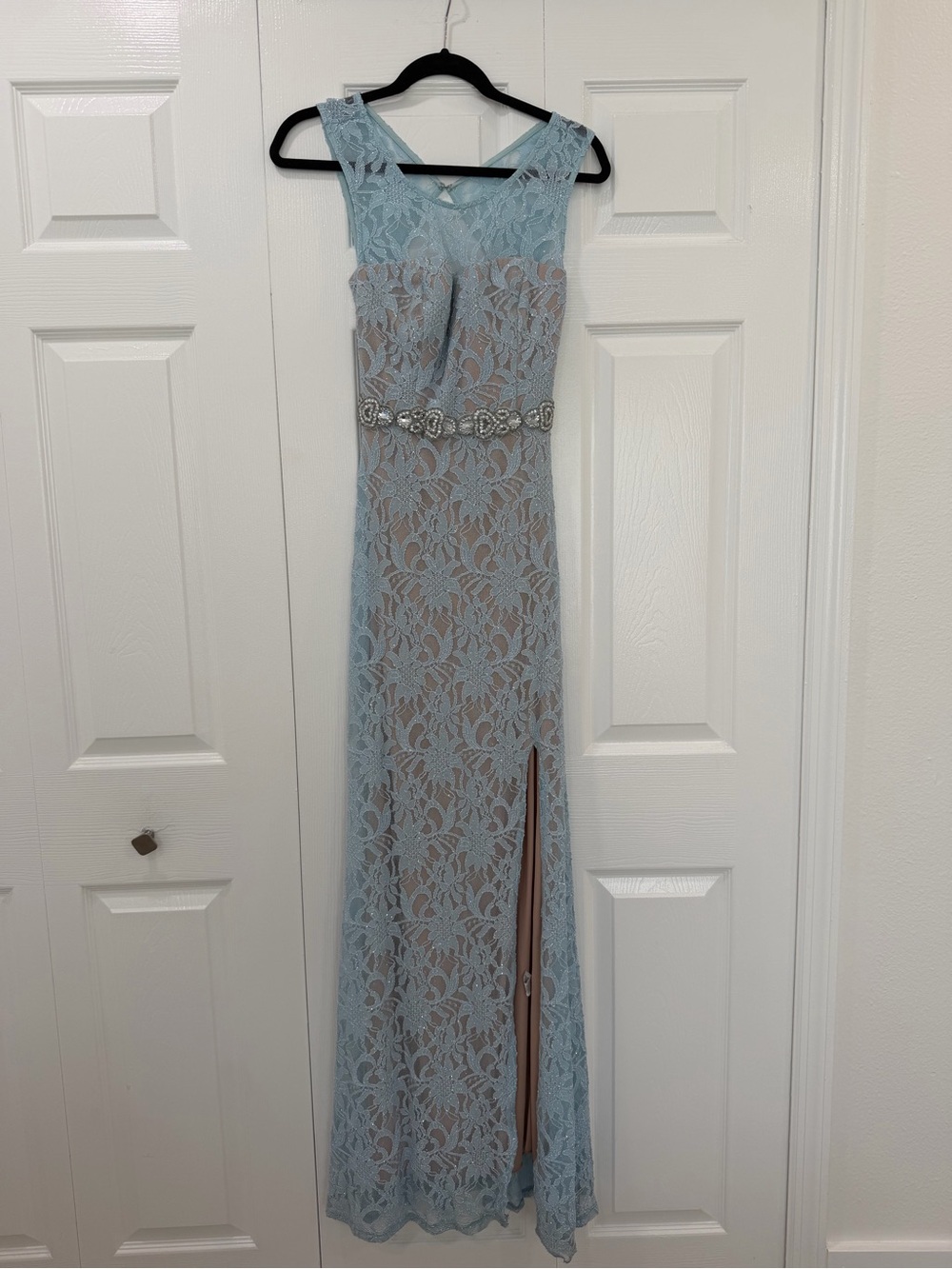 City Triangles Light Blue Lace Maxi Dress with Beaded Waist